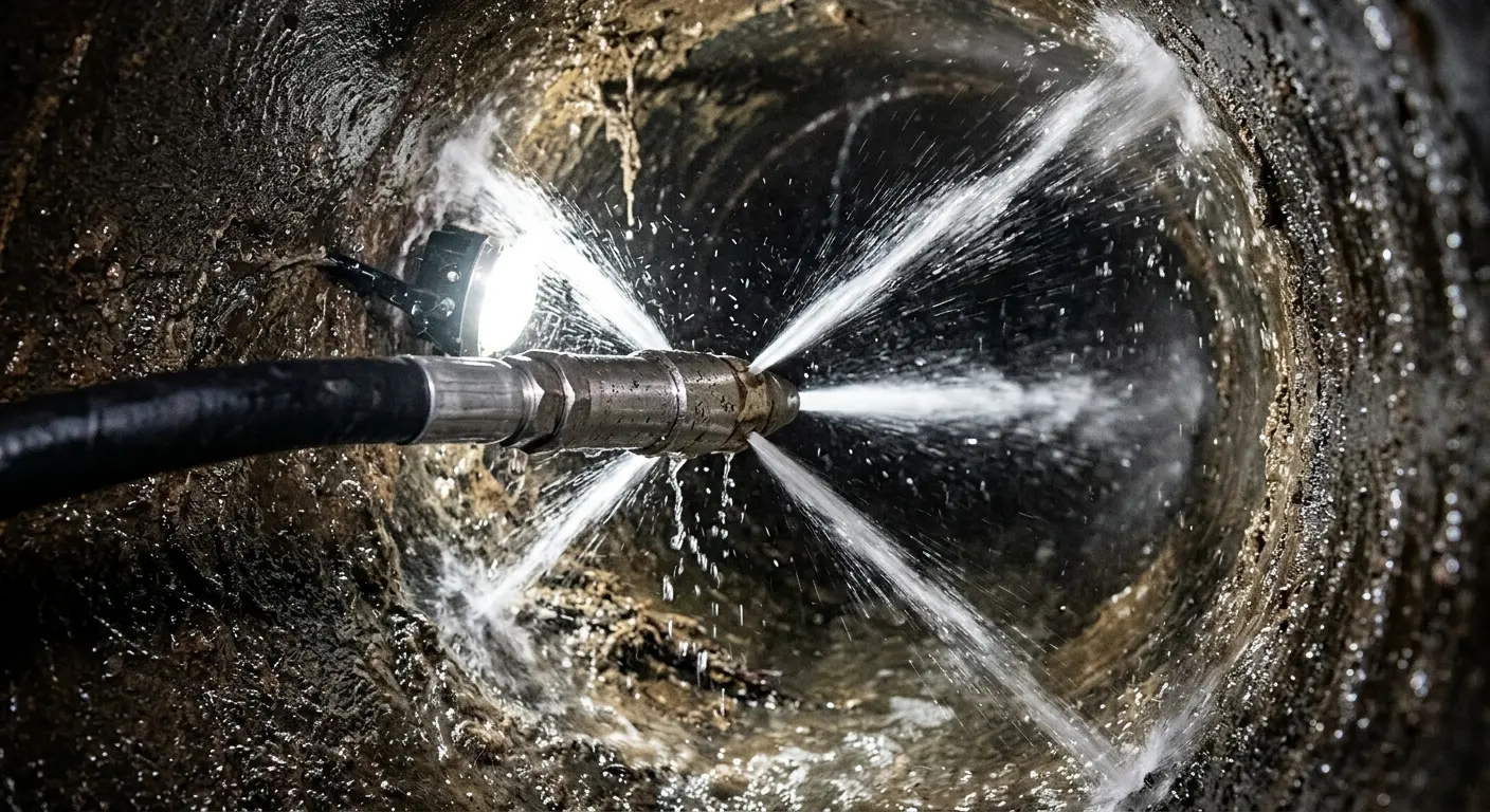High-pressure hydro jetting nozzle cleaning sewer pipe for Storm Drain Cleaning in Cranston