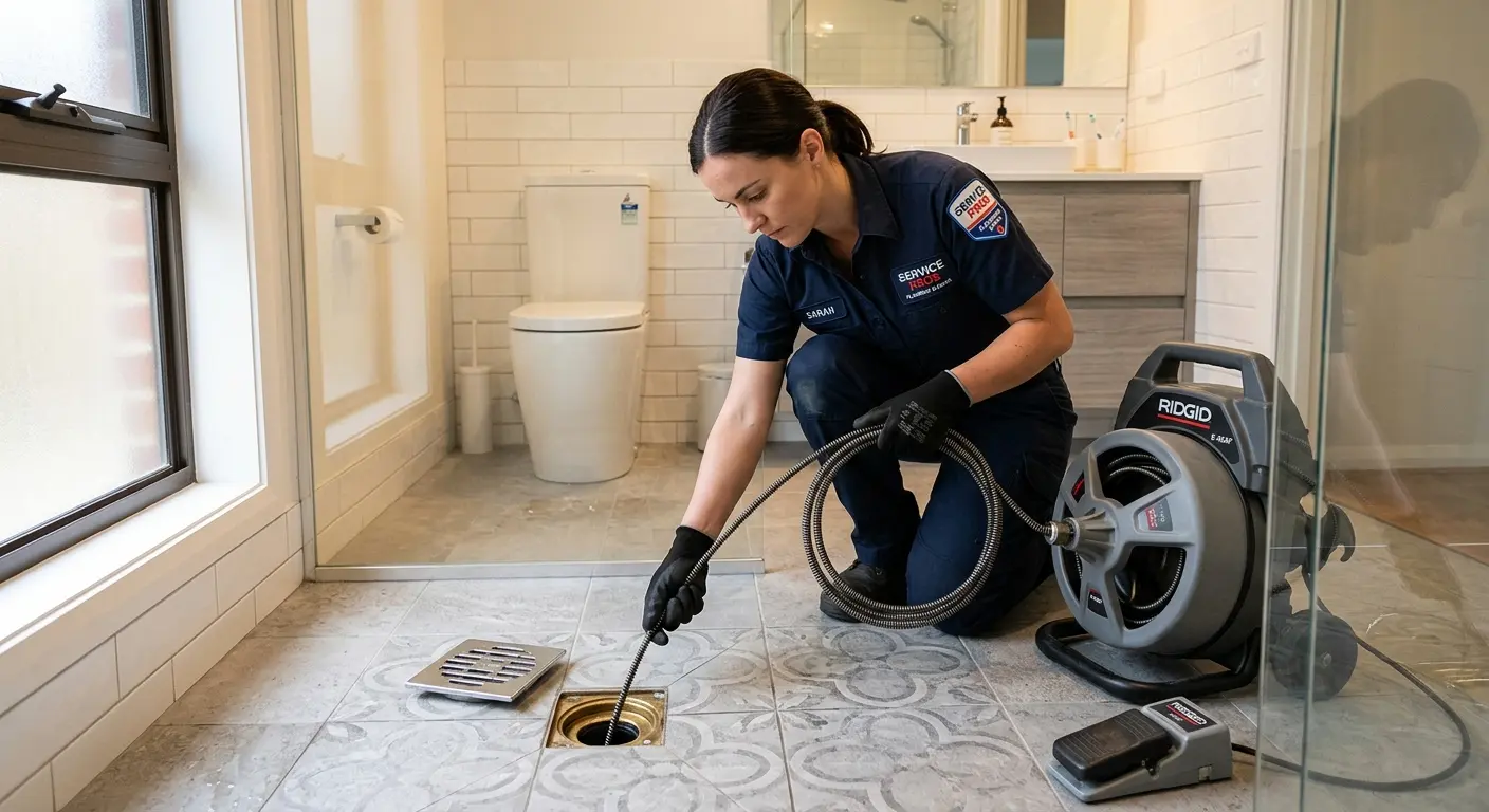 Technician clearing a bathroom floor drain for Sewer Line Installation in Cranston